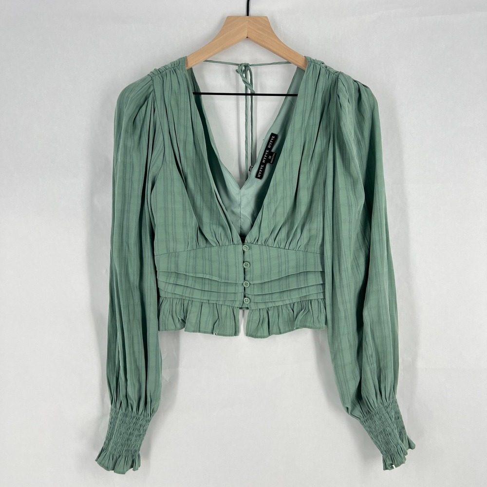 Hyfve Cropped Top‎ Womens Medium Green Lined Smocked Preppy V-Neck Puff Sleeve